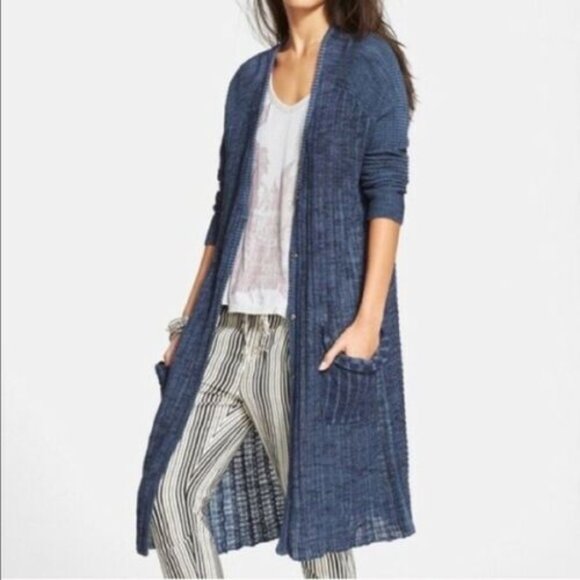 Free People Sweaters - Free People Shadow Stripe Long Cardigan Sweater Blue Button Size XS H12762